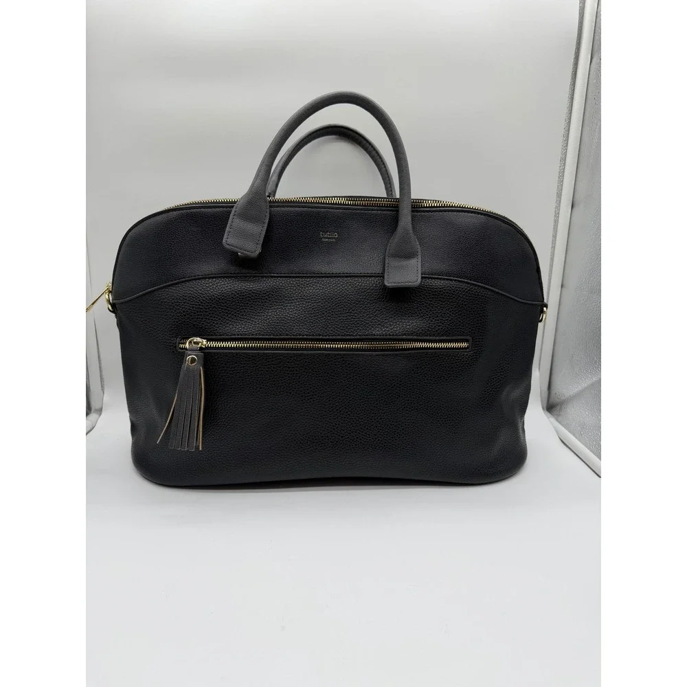 Tutilo New York Black Pebbled Vegan Leather Laptop Tote Bag Gold Hardware Grey